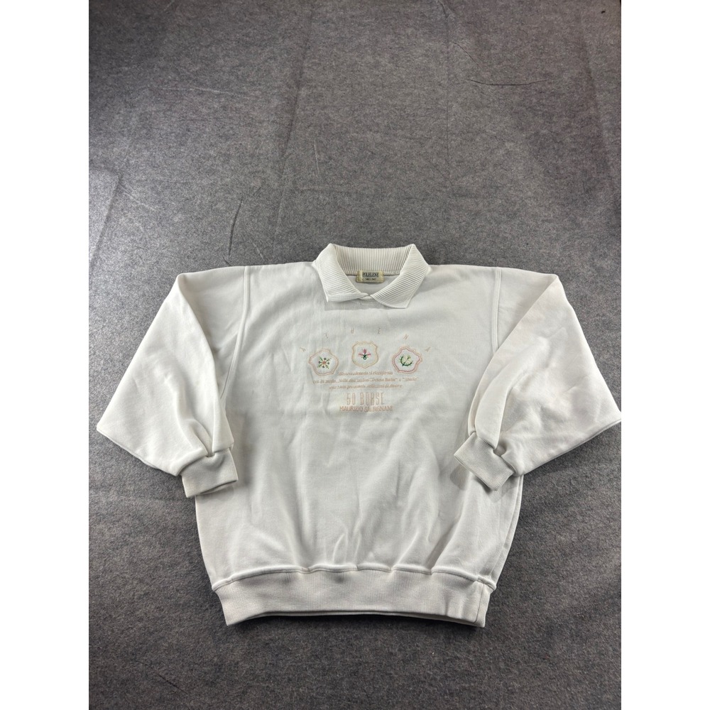 VTG Polhlene White Polo Collar Sweatshirt Floral Embroidered Crest Italy M SEE
